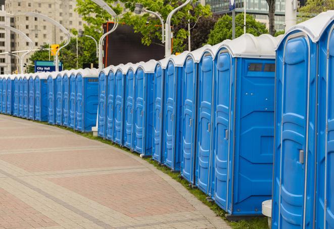 portable restrooms lined up at a marathon, ensuring runners can take a much-needed bathroom break in Bluffdale